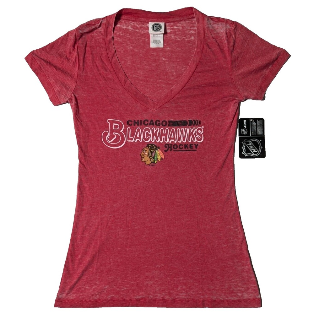 CHICAGO BLACKHAWKS NHL HOCKEY‎ Women Small V-Neck  Red Burnout T-Shirt NWT